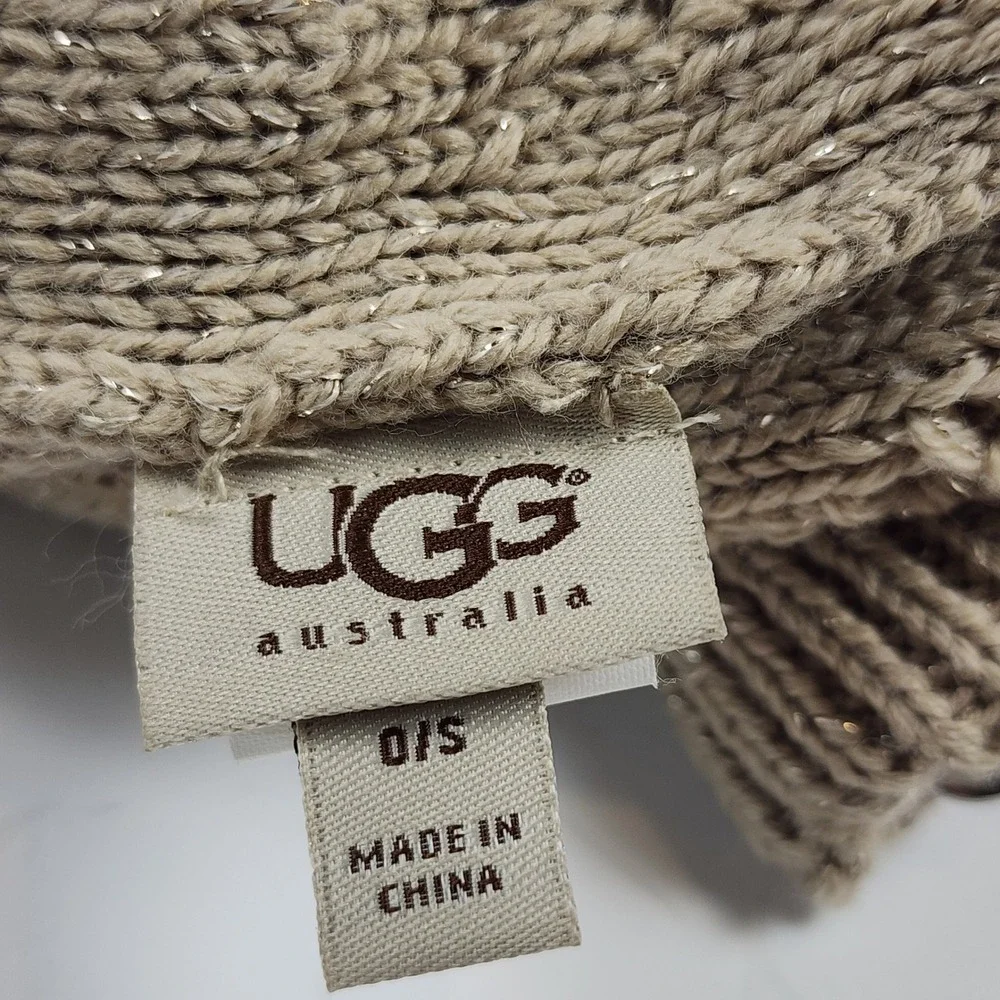 UGG Australia Beige Metallic Shimmer Cable Knit Wool Blend Beanie Hat One Size